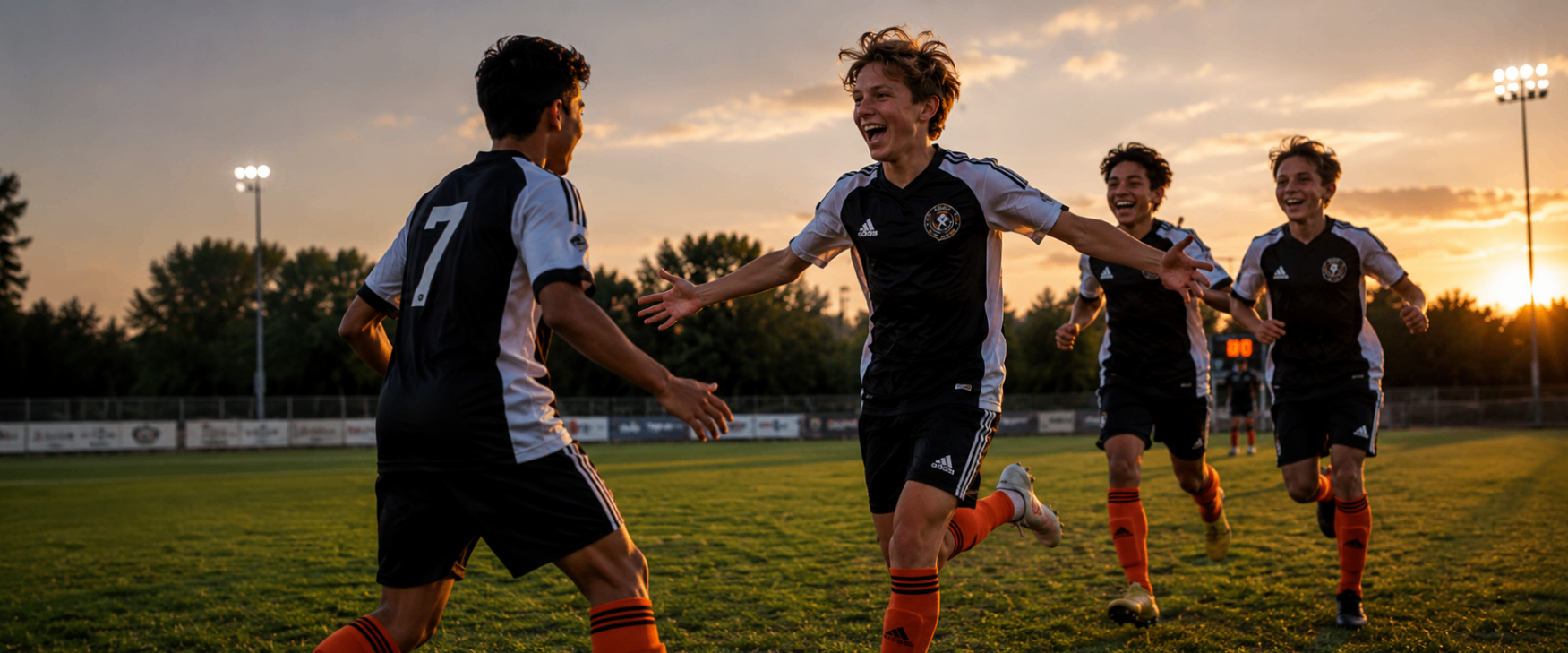 Youth soccer players celebrating at sunset